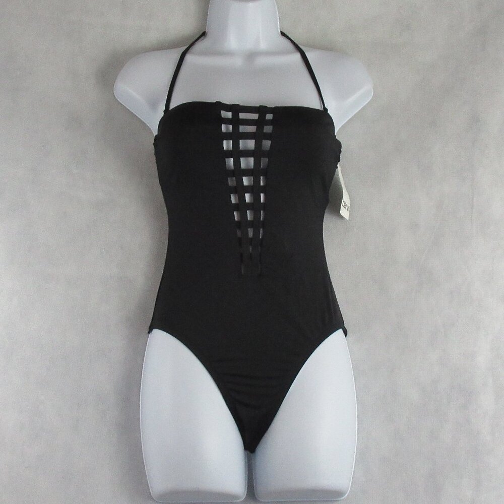 Bar III Women's Plunging Lattice Strapless One-Piece Swimsuit, Black, XS